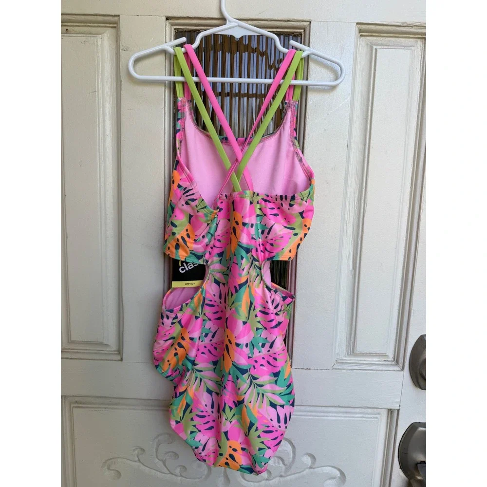 Art Class Girls Tropical Monstera Cut-Out One Piece‎ Swimsuit Pink Size 10/12